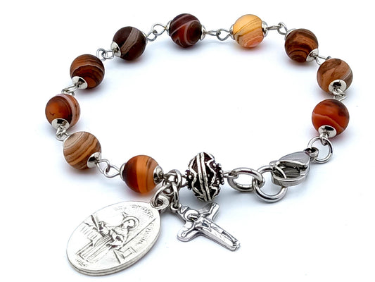 Saint Thomas Aquinas unique rosary beads single decade bracelet with agate gemstone beads, silver crucifix and medal.