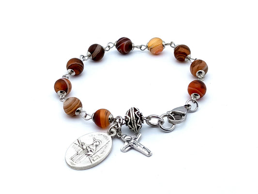 Saint Thomas Aquinas unique rosary beads single decade bracelet with agate gemstone beads, silver crucifix and medal.