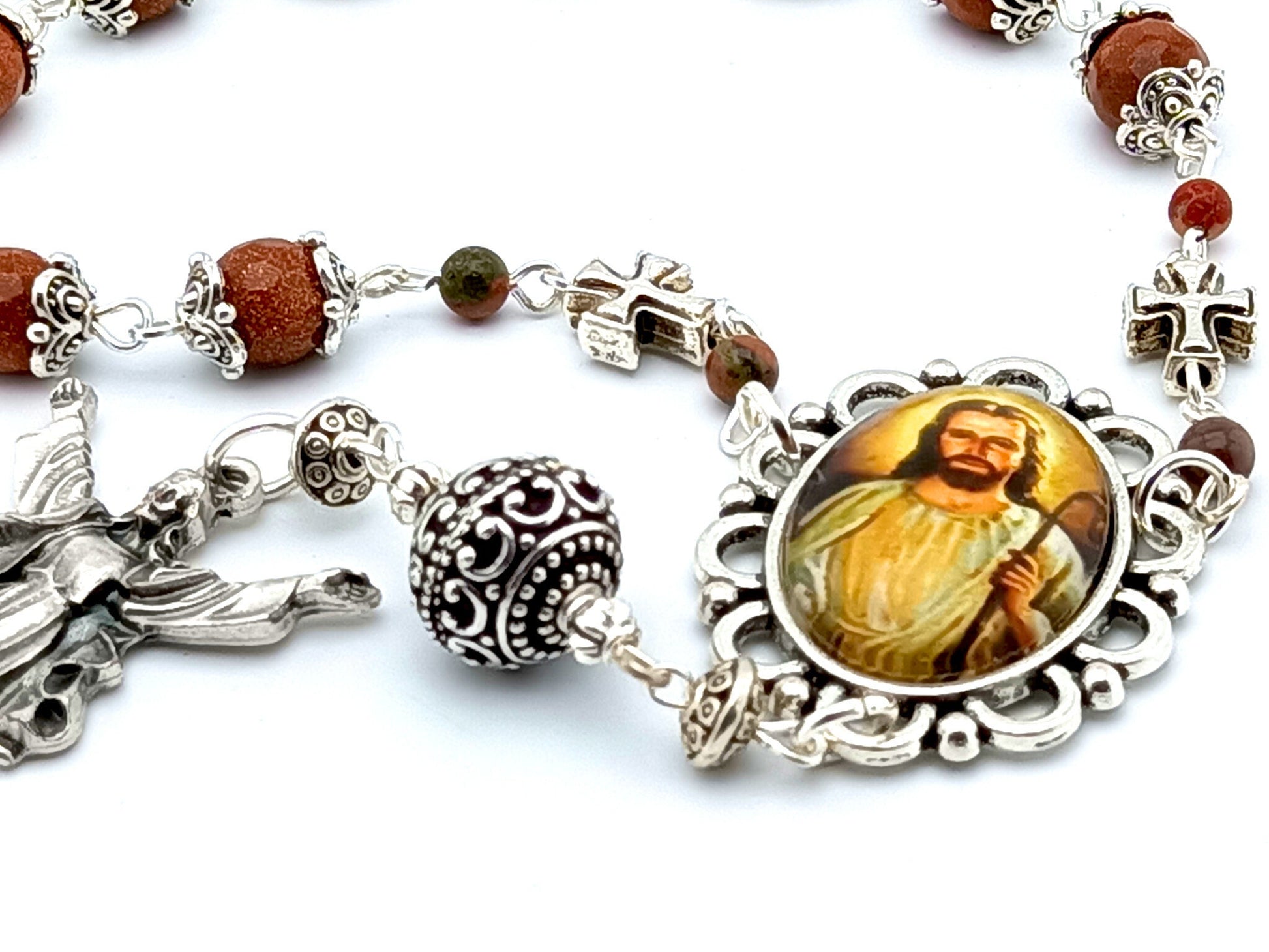 The Good Shepherd unique rosary beads single decade rosary with agate gemstone beads, silver beda caps, picture medal and Risen Christ end medal.