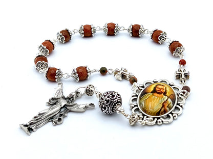 The Good Shepherd unique rosary beads single decade rosary with agate gemstone beads, silver beda caps, picture medal and Risen Christ end medal.