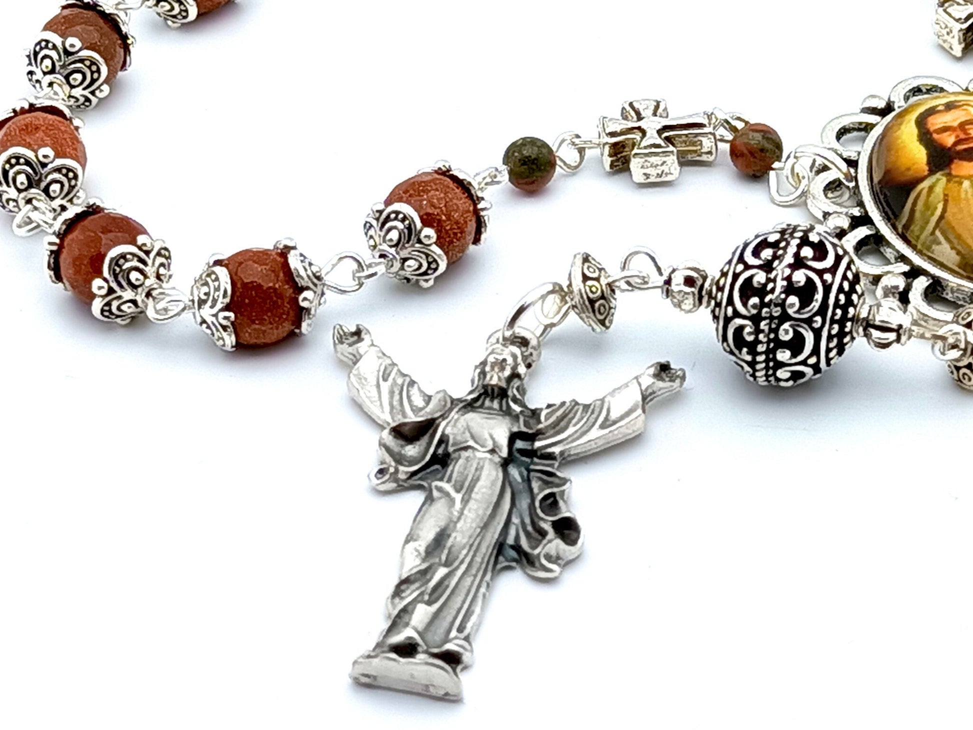 The Good Shepherd unique rosary beads single decade rosary with agate gemstone beads, silver beda caps, picture medal and Risen Christ end medal.