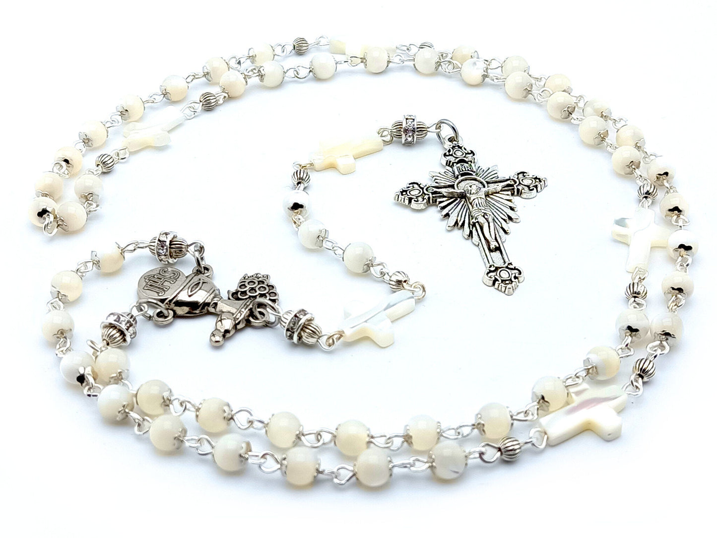 First Holy Communion unique rosary beads with mother of pearl beads and silver crucifix and centre medal. 