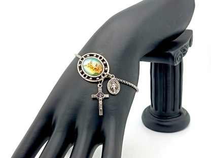 Saint Michael unique rosary beads bracelet with large picture centre medal, Saint Benedict crucifix and miraculous medal..
