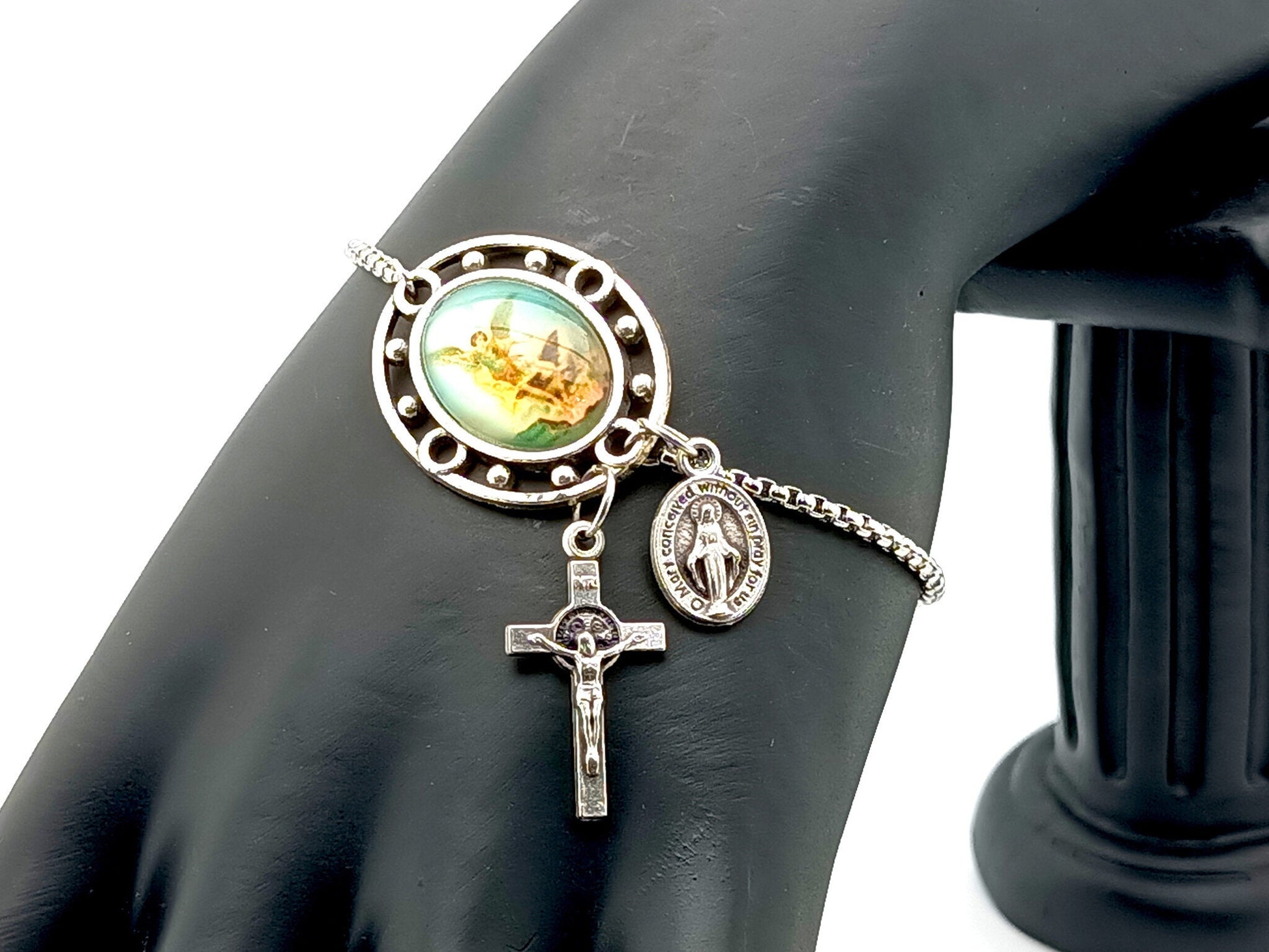 Saint Michael unique rosary beads bracelet with large picture centre medal, Saint Benedict crucifix and miraculous medal..