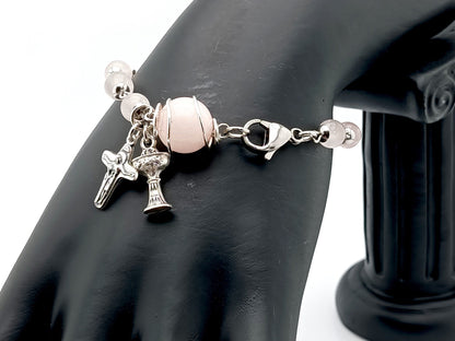 First Holy Communion unique rosary beads single decade rosary bracelet with rose quartz gemstone beads, silver chalice and sorrowful mother crucifix.