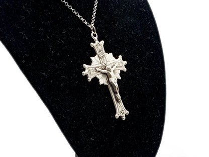 Unique rosary beads genuine 925 Sterling silver sunburst crucifix with solid sterling 925 silver chain.