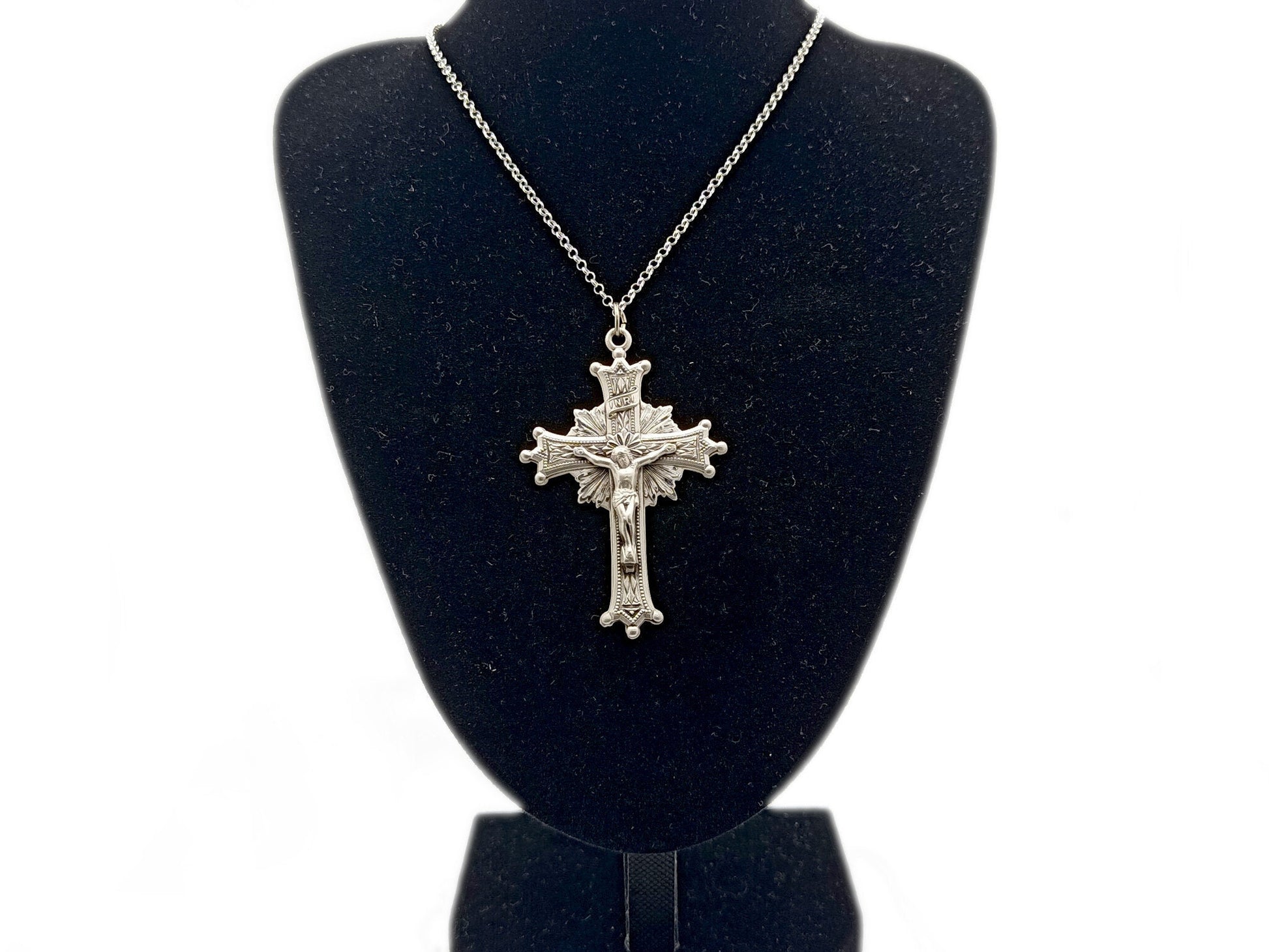 Unique rosary beads genuine 925 Sterling silver sunburst crucifix with solid sterling 925 silver chain.