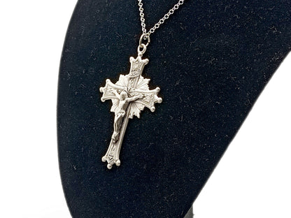 Unique rosary beads genuine 925 Sterling silver sunburst crucifix with solid sterling 925 silver chain.