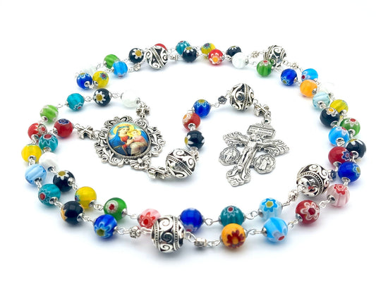 Our Lady of Perpetual Help unique rosary beads with millefleur glass beads, silver pater beads, pardon crucifix and picture centre medal.