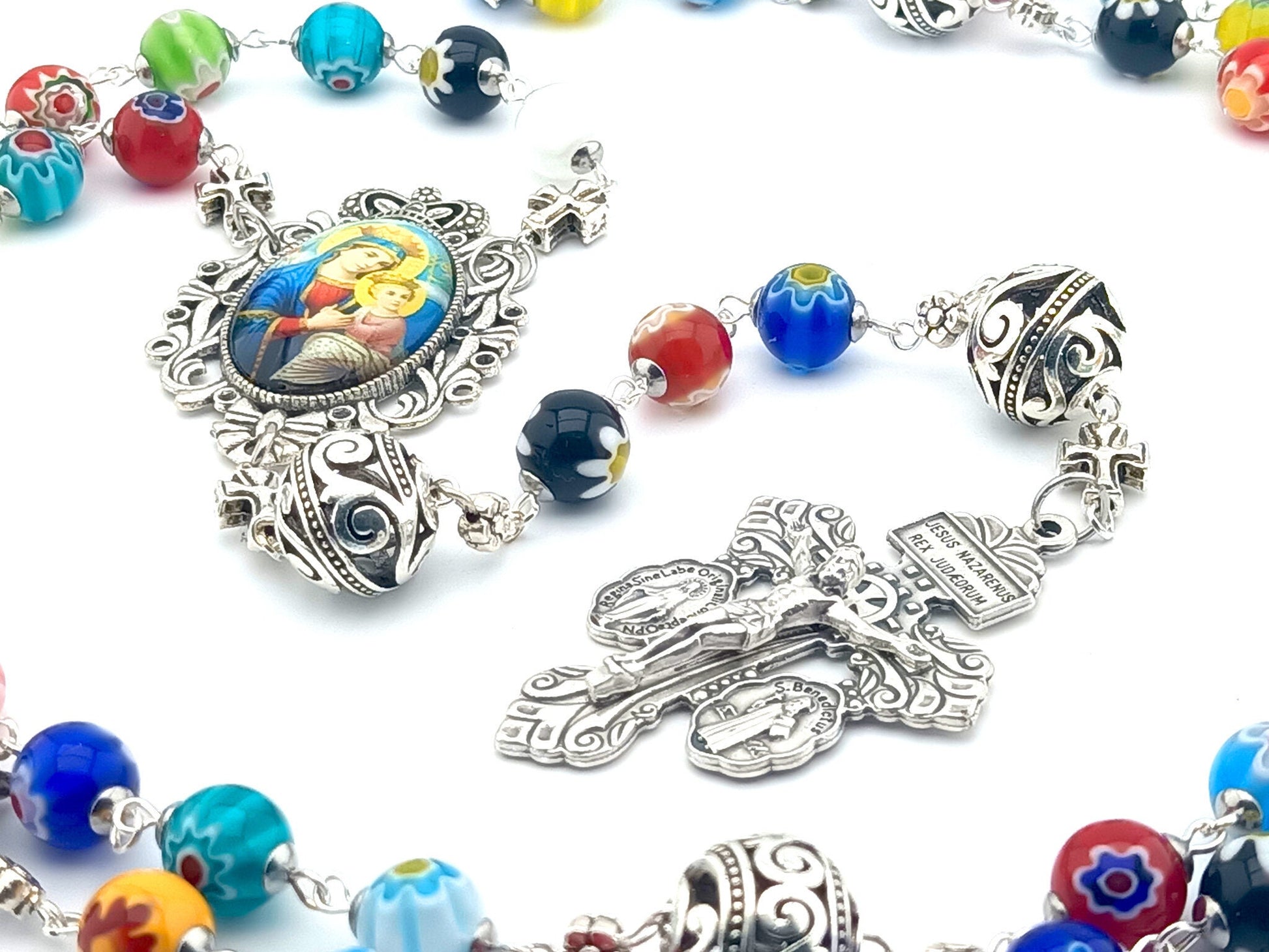 Our Lady of Perpetual Help unique rosary beads with millefleur glass beads, silver pater beads, pardon crucifix and picture centre medal.