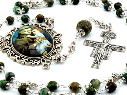 Saint Anthony of Padua unique rosary beads prayer chaplet with green gemstone beads, Saint Dominic crucifix and large picture centre medal.