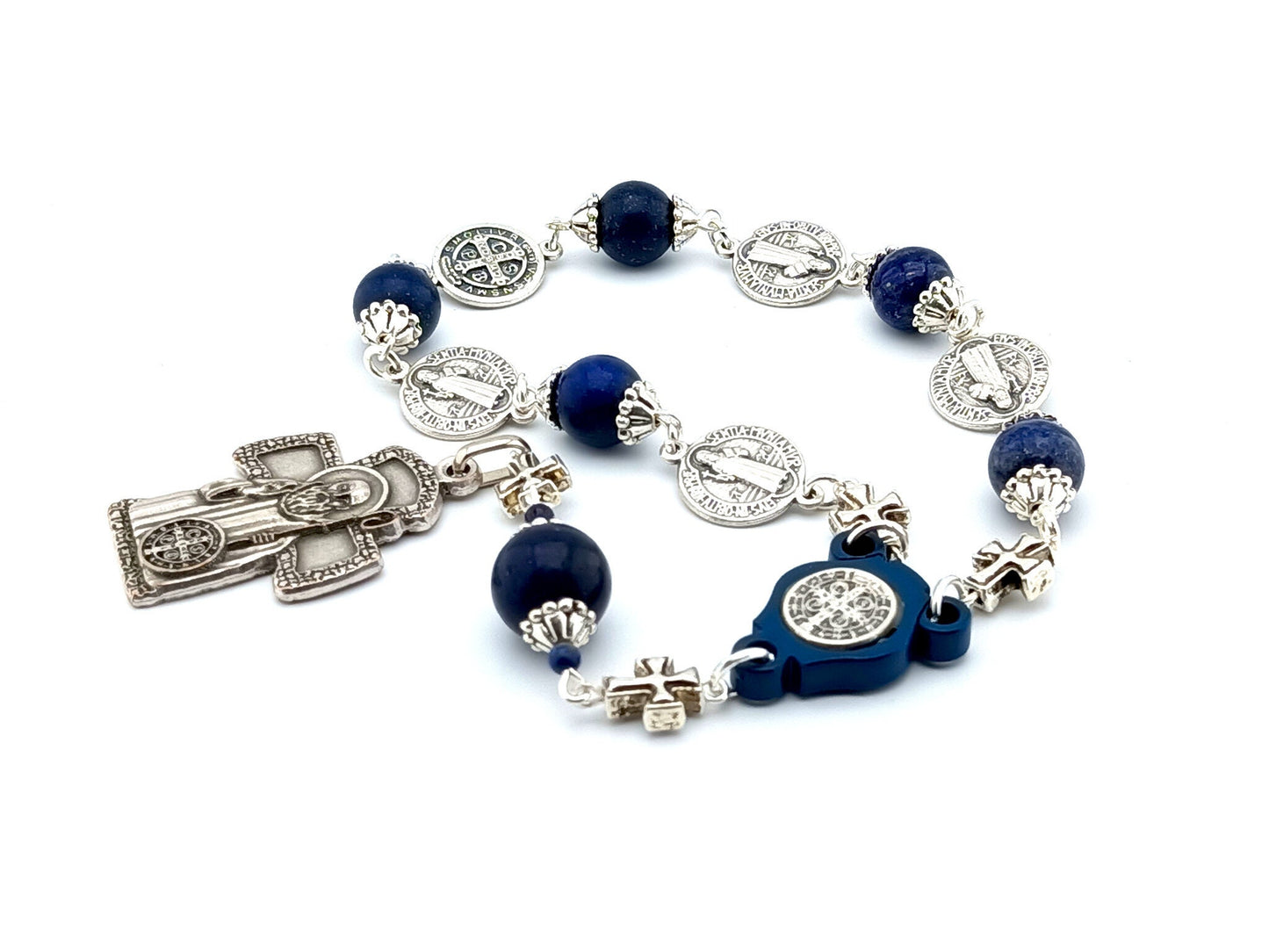 Saint Benedict unique rosary beads single decade rosary with lapis lazuli and silver Benedict medal beads and centre with Saint Benedict cross.