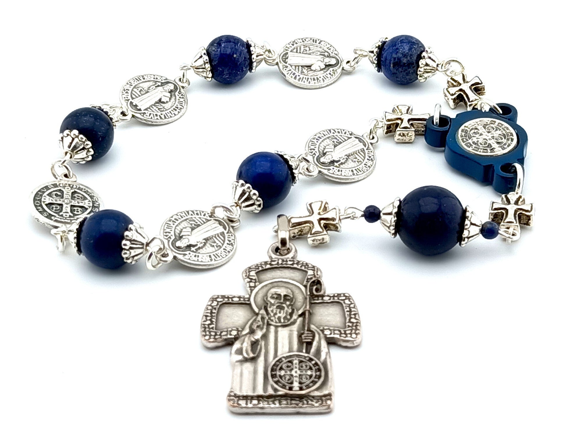 Saint Benedict unique rosary beads single decade rosary with lapis lazuli and silver Benedict medal beads and centre with Saint Benedict cross.