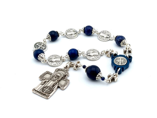 Saint Benedict unique rosary beads single decade rosary with lapis lazuli and silver Benedict medal beads and centre with Saint Benedict cross.