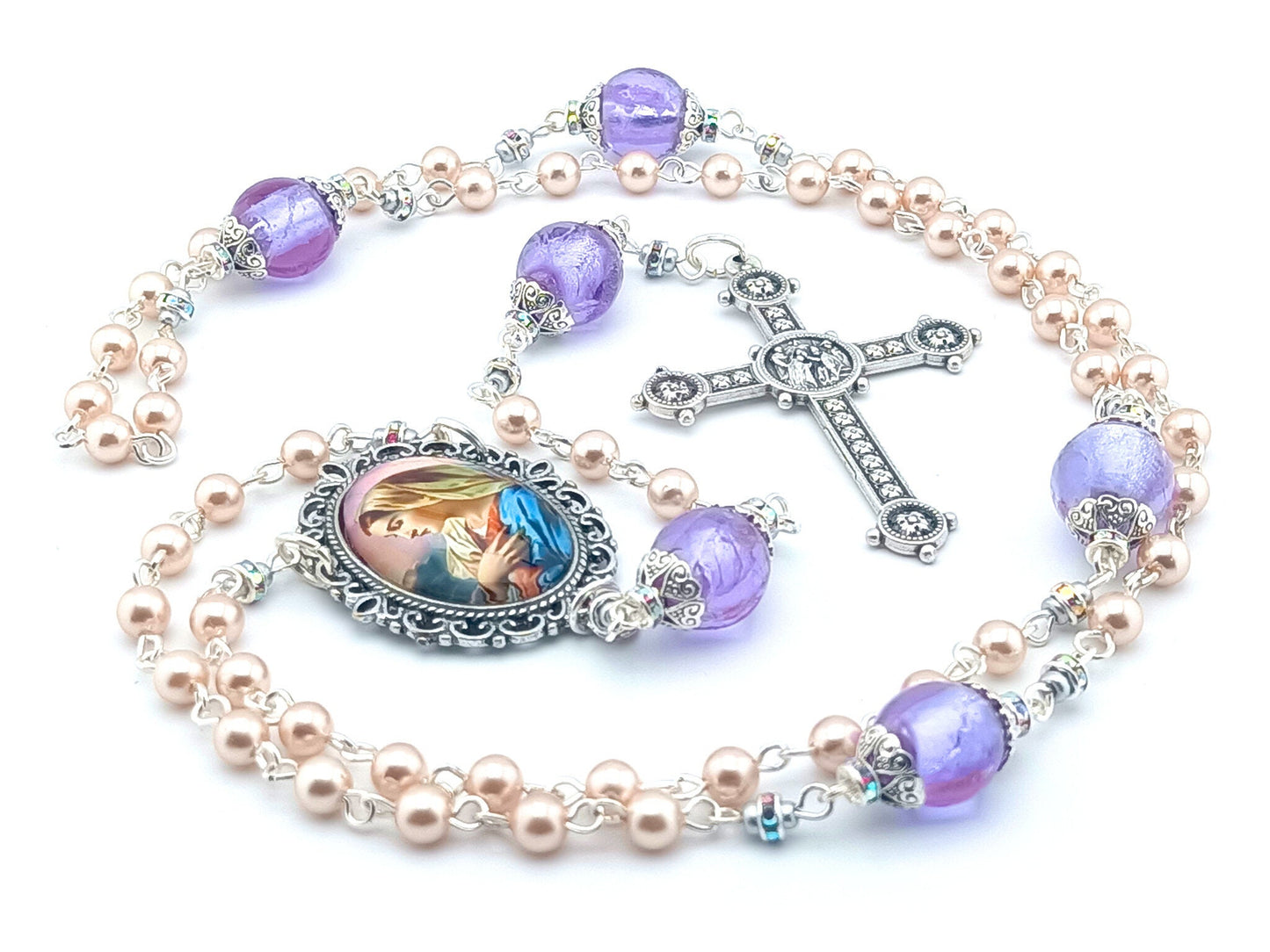 Our Ladys Fiat unique rosary beads with pink faux pearl and large lilac glass beads, Ferula cross and large picture centre medal.