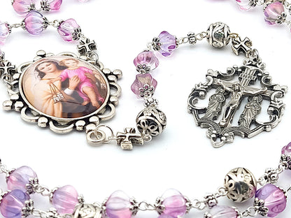 Our Lady of Mount Carmel with pink glass and silver beads, filigree crucifix and large picture centre medal.
