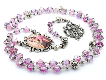 Our Lady of Mount Carmel with pink glass and silver beads, filigree crucifix and large picture centre medal.