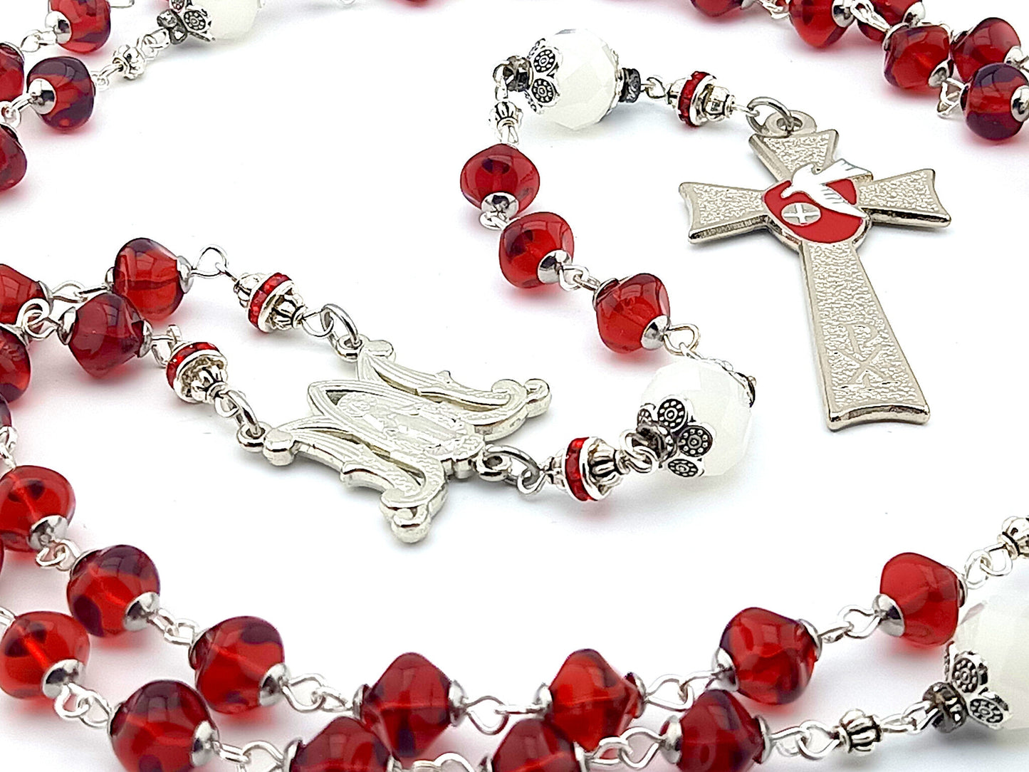 Holy Spirit unique rosary beads with red and white glass beads, silver Holy Spirit crucifix and miraculous medal centre.