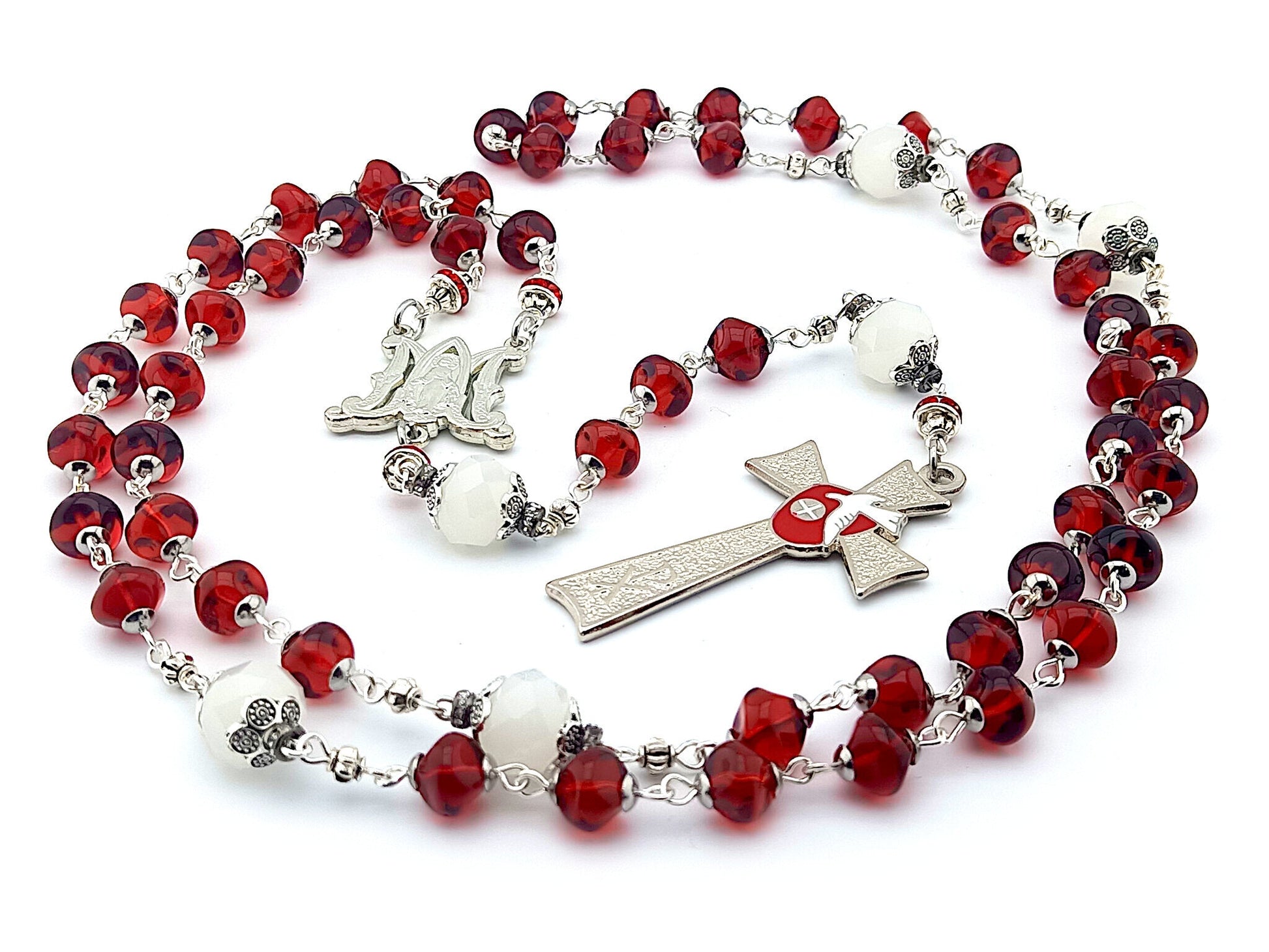 Holy Spirit unique rosary beads with red and white glass beads, silver Holy Spirit crucifix and miraculous medal centre.