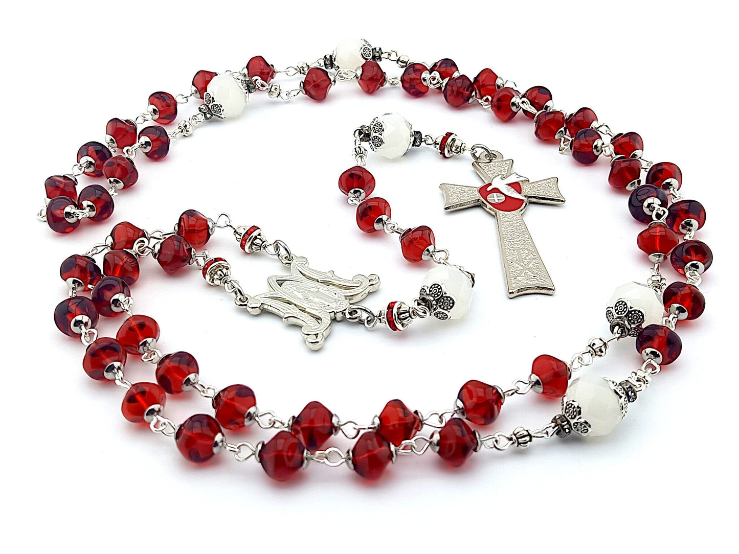 Holy Spirit unique rosary beads with red and white glass beads, silver Holy Spirit crucifix and miraculous medal centre.