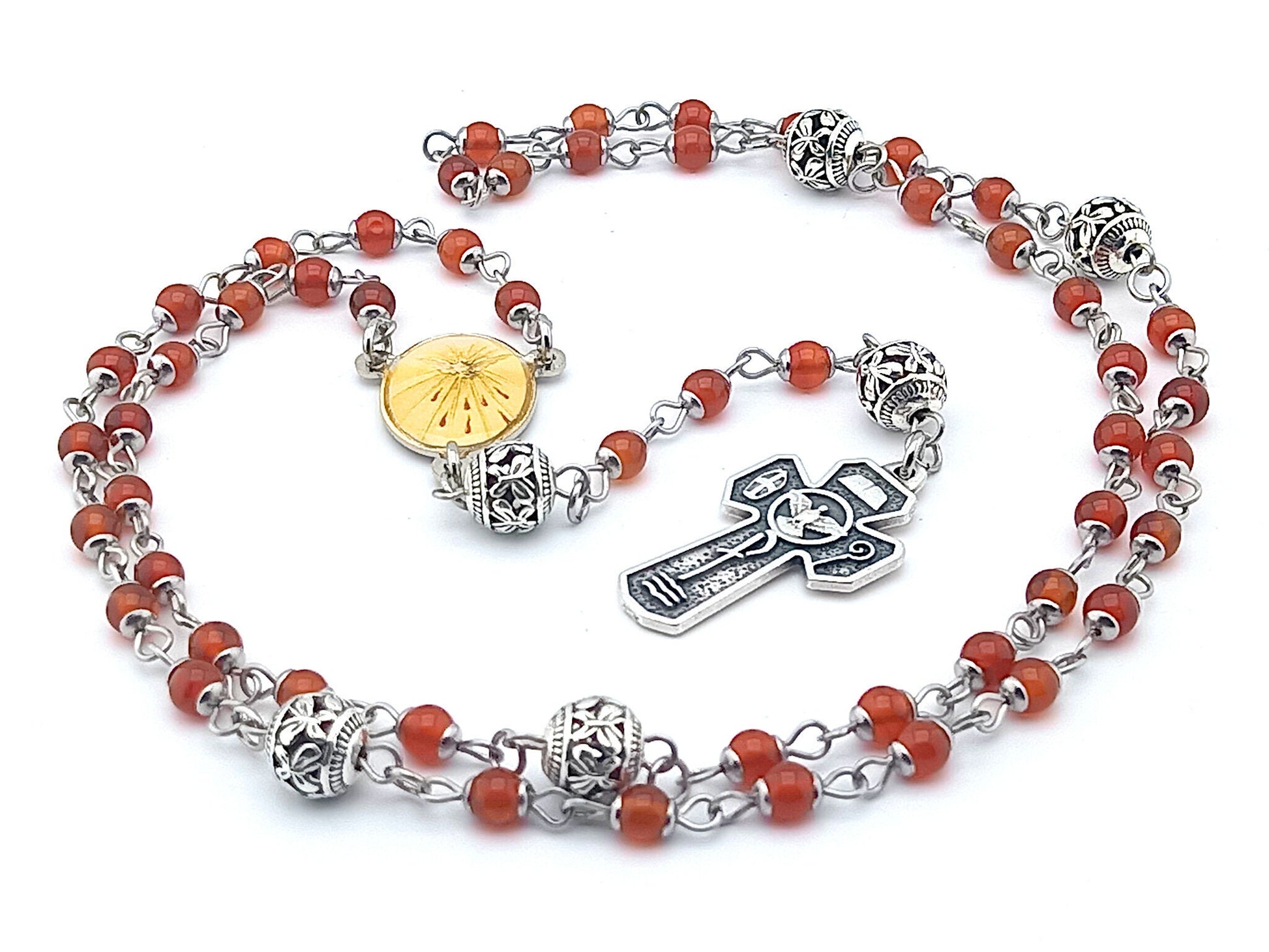 Holy Spirit unique rosary beads miniature rosary with red gemstone and silver beads, Holy Spirit crucifix and centre medal.