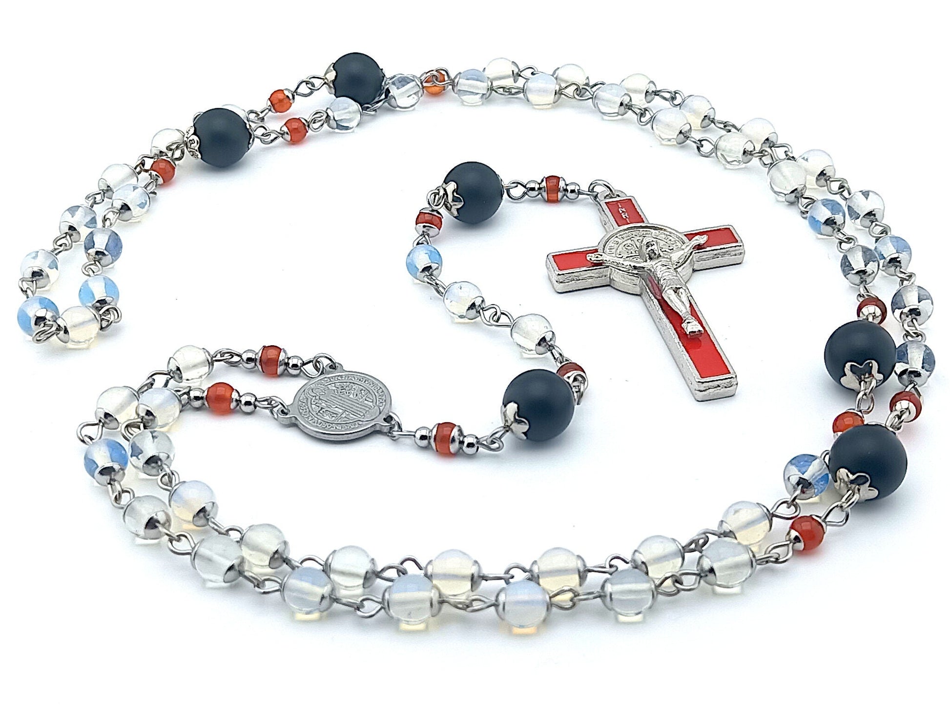 Saint Benedict unique rosary beads with opaline and onyx gemstone beads, red and silver enamel crucifix and stainless steel centre medal.