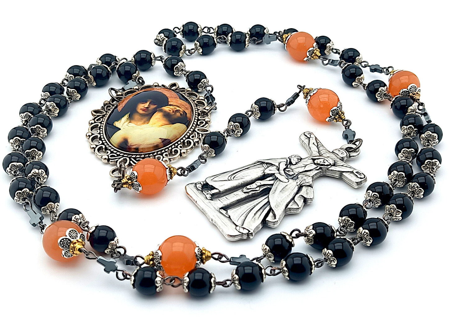 Our Lady of Sorrows unique rosary beads with onyx and orange agate gemstone beads, La Pieta crucifix and large picture centre medal.