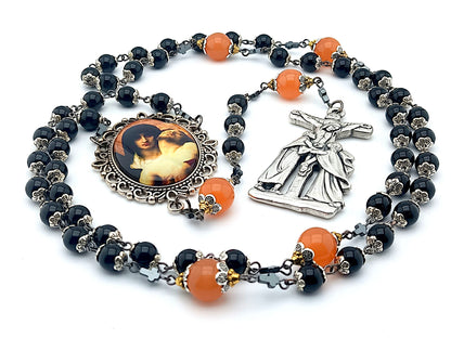 Our Lady of Sorrows unique rosary beads with onyx and orange agate gemstone beads, La Pieta crucifix and large picture centre medal.