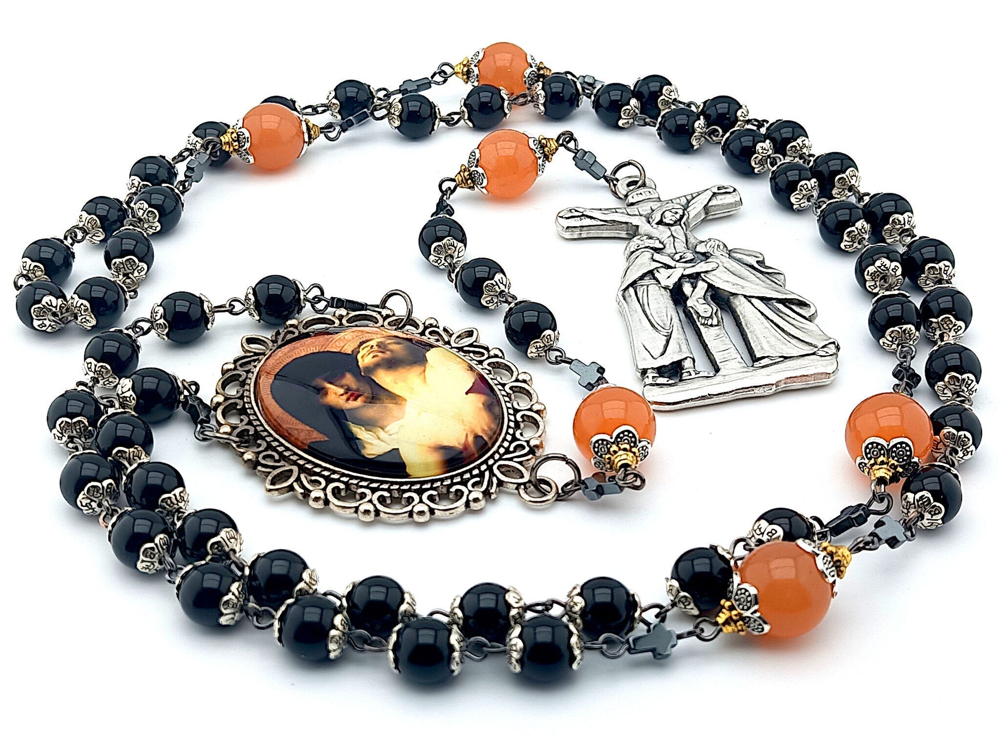 Our Lady of Sorrows unique rosary beads with onyx and orange agate gemstone beads, La Pieta crucifix and large picture centre medal.