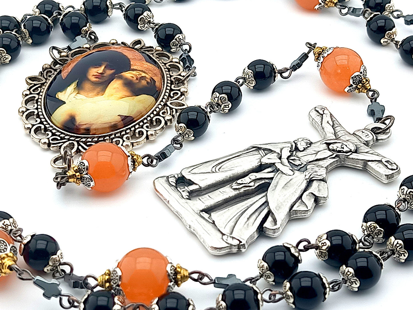 Our Lady of Sorrows unique rosary beads with onyx and orange agate gemstone beads, La Pieta crucifix and large picture centre medal.