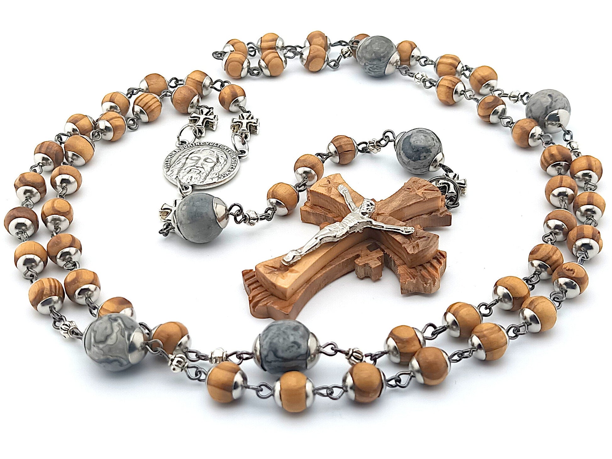 Holy Face of Jesus unique rosary beads with wooden beads and crucifix, stainless steel bead caps, and silver cross beads.