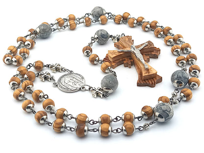 Holy Face of Jesus unique rosary beads with wooden beads and crucifix, stainless steel bead caps, and silver cross beads.