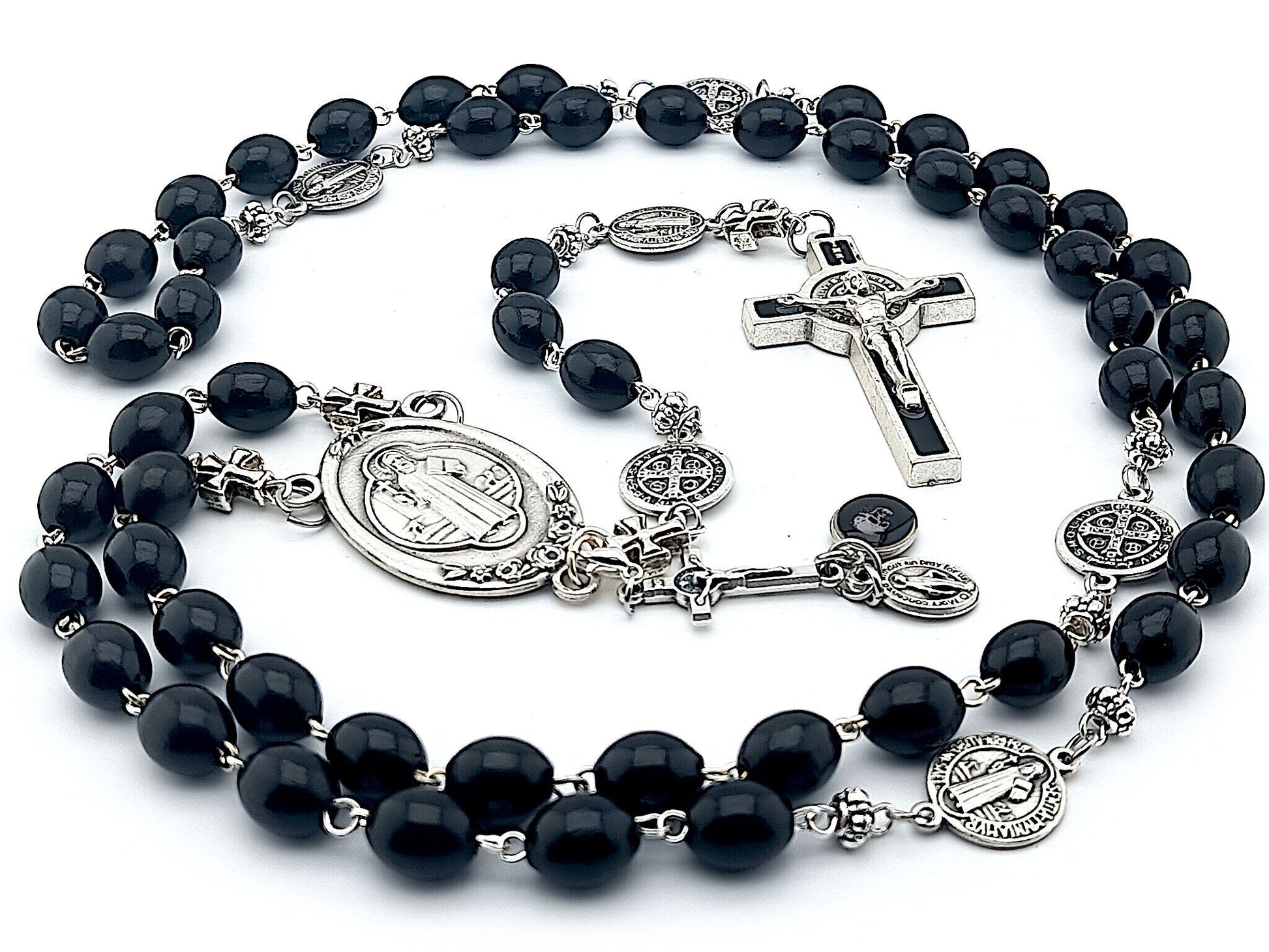 Saint Benedict unique rosary beads with black wooden beads, black and silver enamel Saint Benedict crucifix and centre medal.
