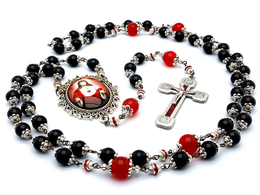 Sacred Heart unique rosary beads with black onyx and red gemstone beads, red enamel crucifix and large picture centre medal.