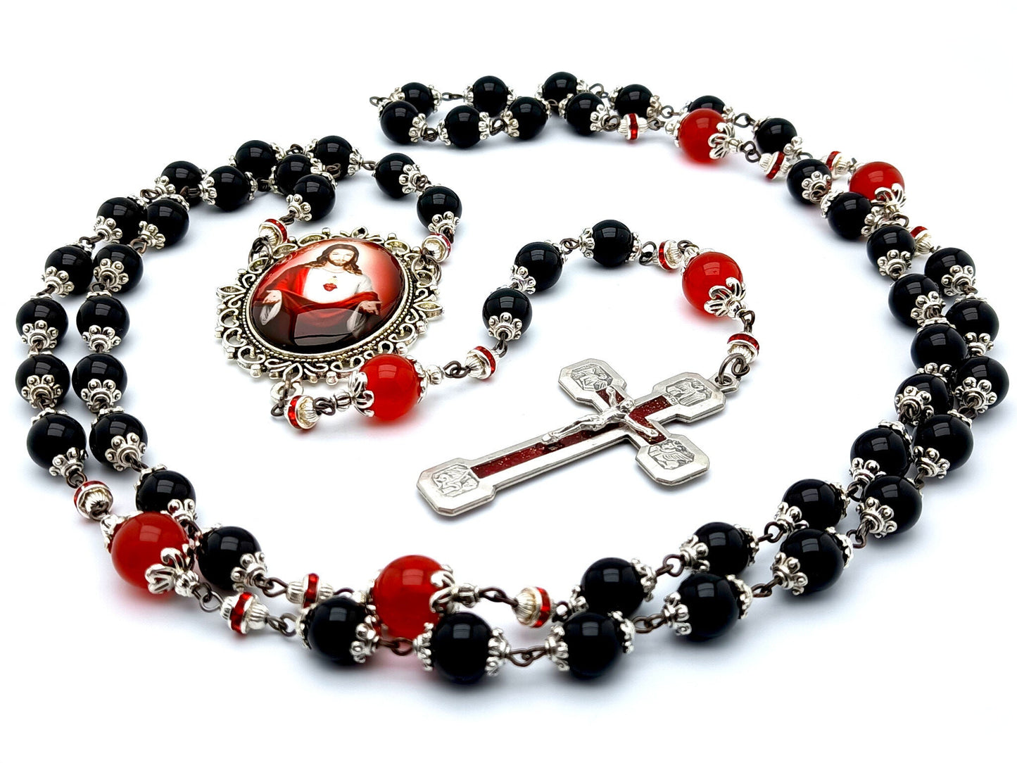 Sacred Heart unique rosary beads with black onyx and red gemstone beads, red enamel crucifix and large picture centre medal.