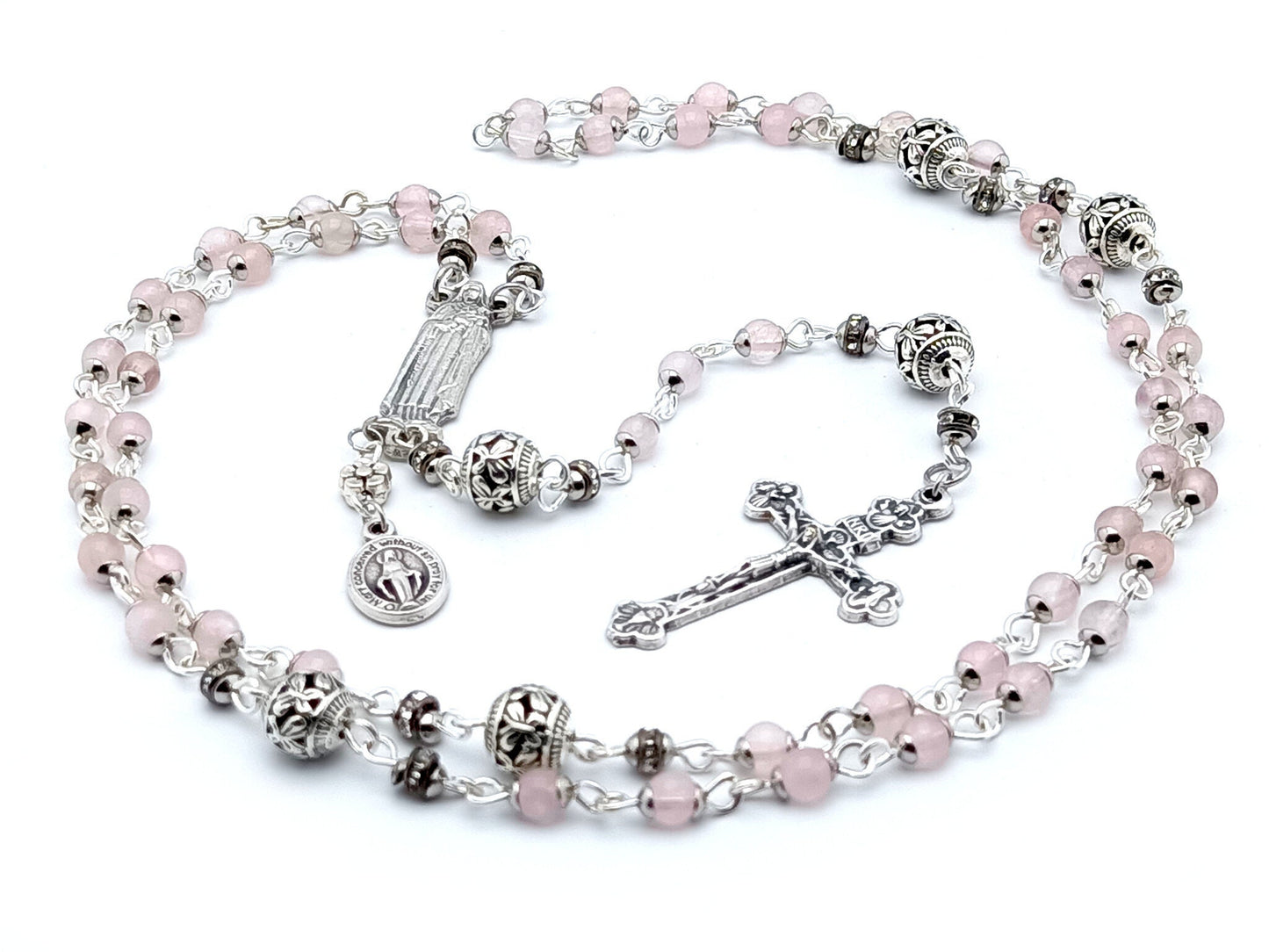 Saint Therese unique rosary beads with miniature pink opal gemstone beads, silver crucifix and centre medal.
