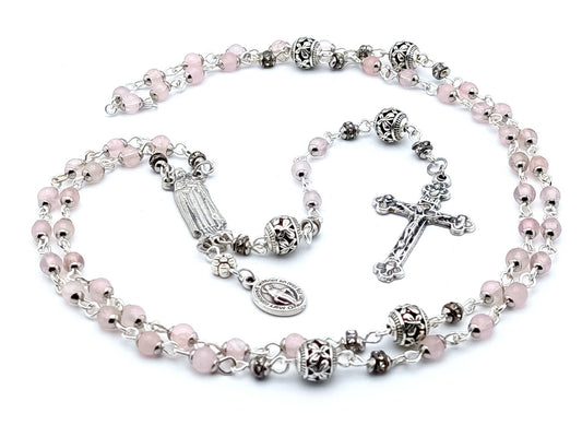 Saint Therese unique rosary beads with miniature pink opal gemstone beads, silver crucifix and centre medal.