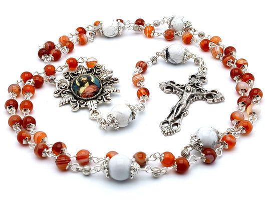 Crown of Thorns unique rosary beads with orange striped agate gemstone beads, filigree crucifix and picture centre medal.