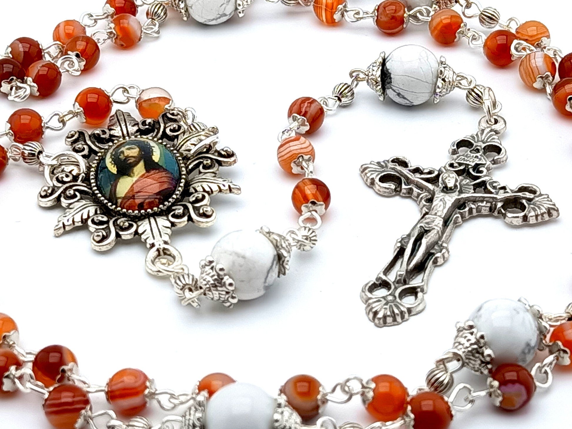 Crown of Thorns unique rosary beads with orange striped agate gemstone beads, filigree crucifix and picture centre medal.