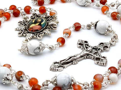 Crown of Thorns unique rosary beads with orange striped agate gemstone beads, filigree crucifix and picture centre medal.