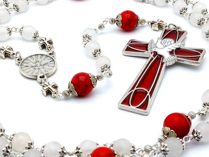 Holy Spirit unique rosary beads with red and white gemstone beads, red and white enamel cross and Holy Spirit silver centre medal.