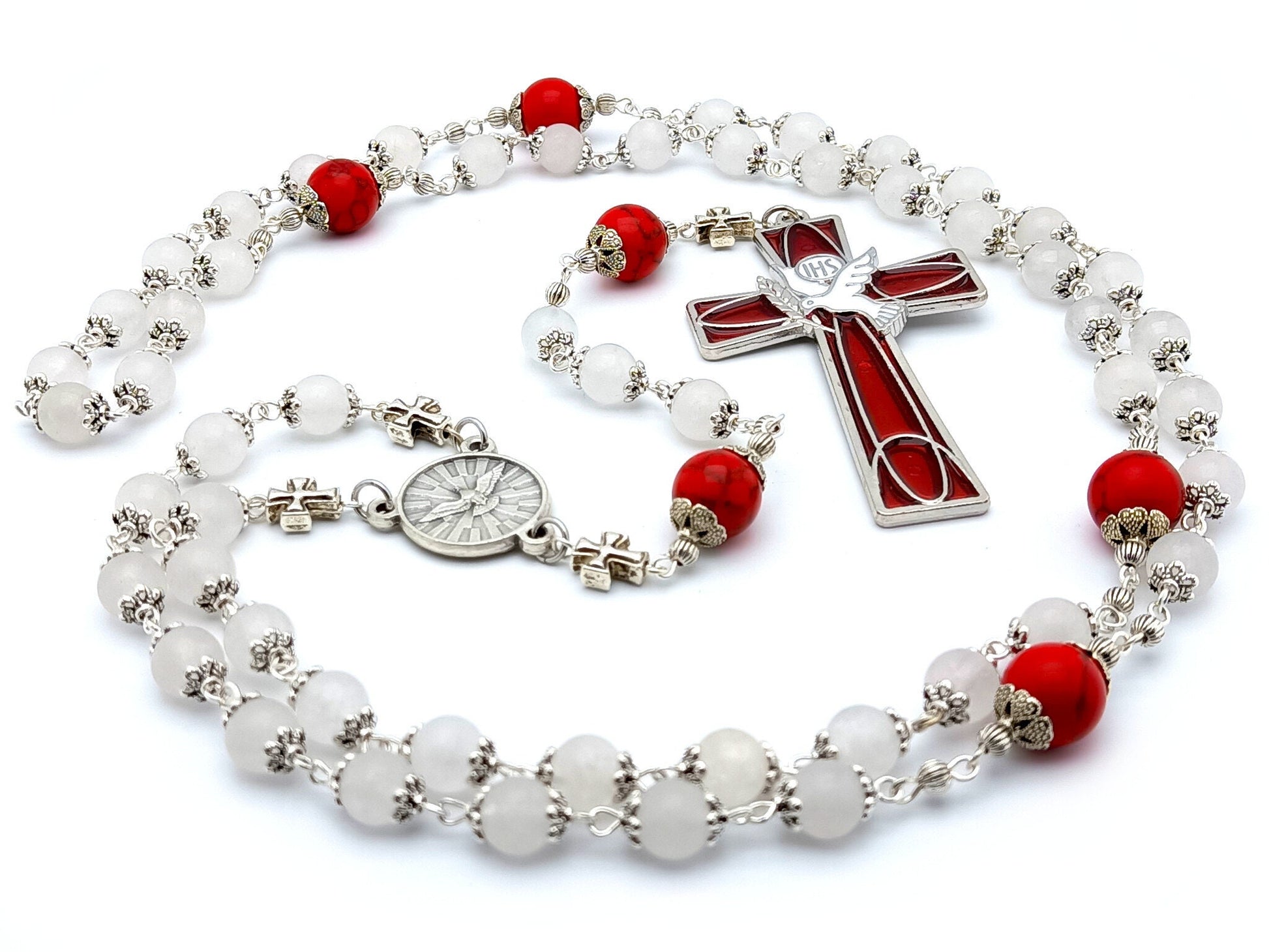 Holy Spirit unique rosary beads with red and white gemstone beads, red and white enamel cross and Holy Spirit silver centre medal.