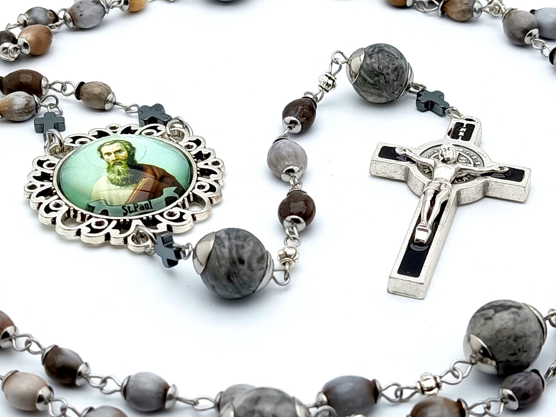 Saint Paul unique rosary beads with Jobs tears and gemstone beads, black and silver enamal Saint Benedict crucifix and large picture centre medal.