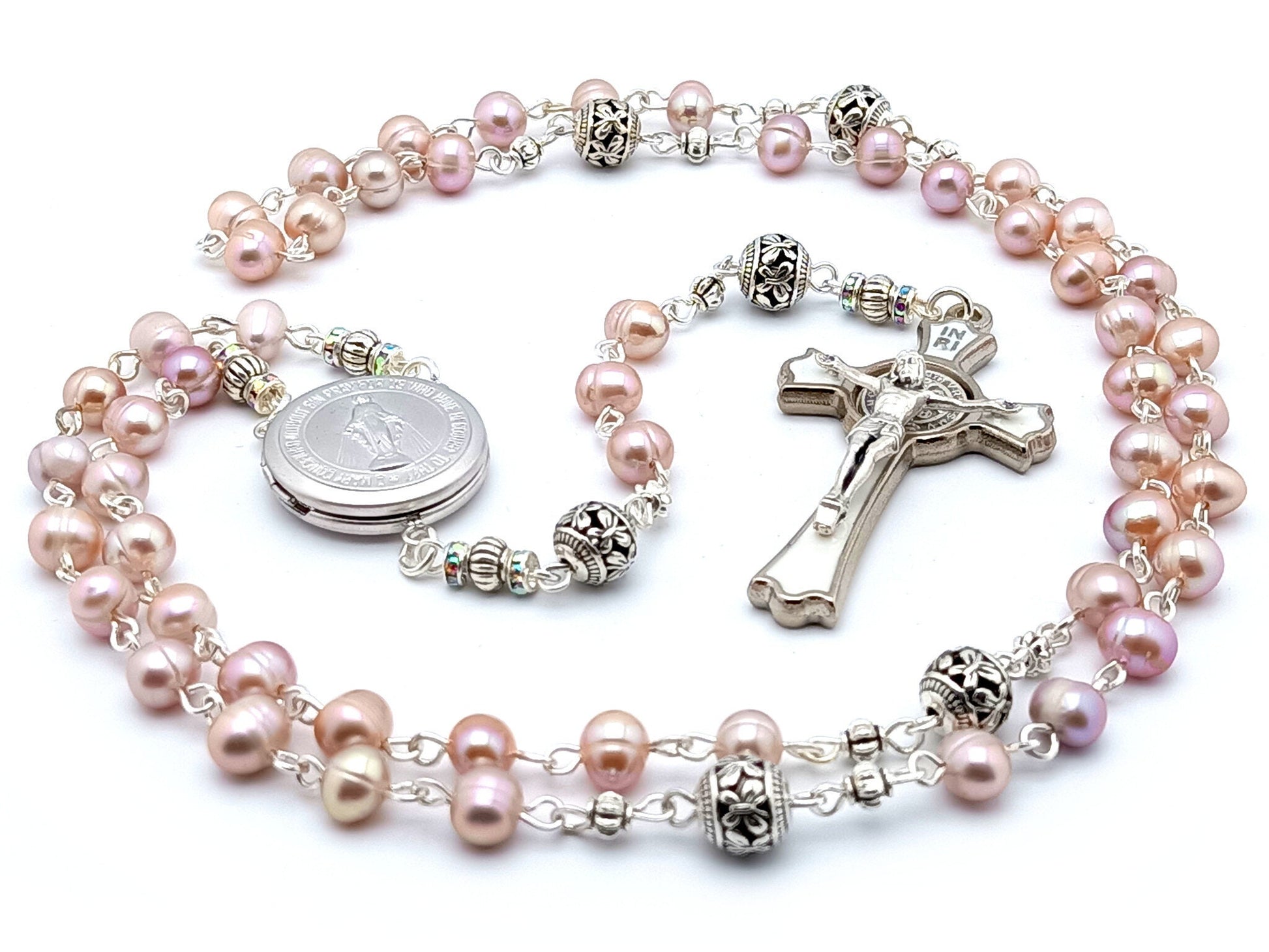 Miraculous medal unique rosary beads with freshwater pearl and silver beads with Saint Benedict crucifix and silver centre medal.
