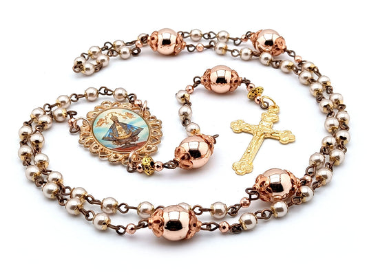 Our Lady of Charity unique rosary beads with rose gold hematite beads, golden Holy Trinity crucifix and picture centre medal.