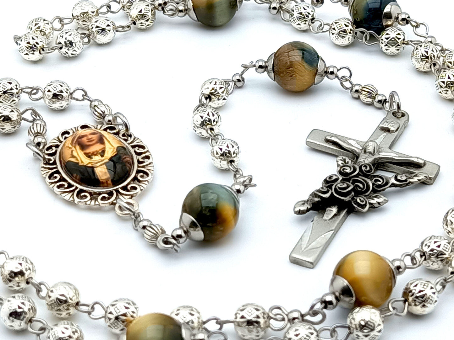 Our Lady of the Rosary unique rosary beads with stainless steel and silver beads, floral etched crucifix and picture centre medal.