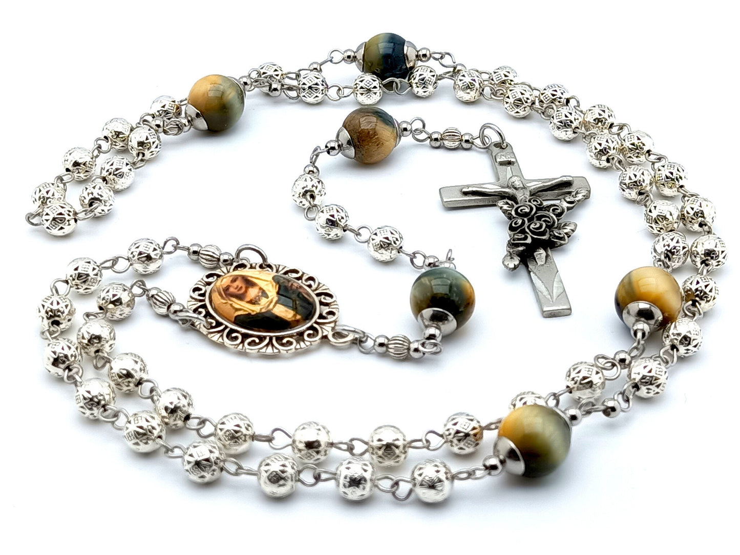 Our Lady of the Rosary unique rosary beads with stainless steel and silver beads, floral etched crucifix and picture centre medal.