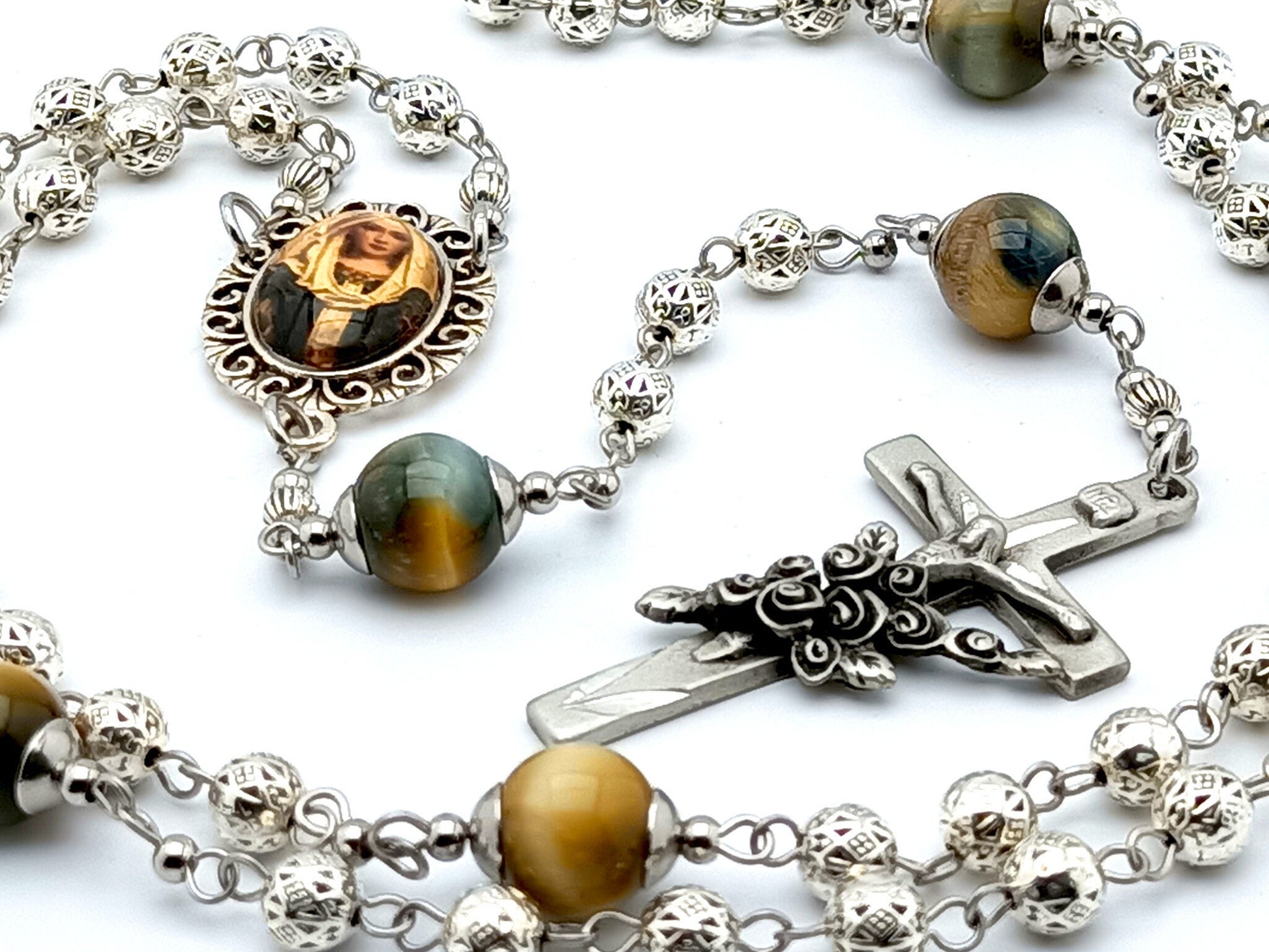 Our Lady of the Rosary unique rosary beads with stainless steel and silver beads, floral etched crucifix and picture centre medal.
