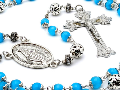 Miraculous Medal unique rosary beads with blue glass and silver beads, large silver plated crucifix, centre medal and silver diamonte accessories.