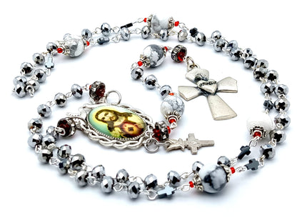 Sacred Heart of Jesus unique rosary beads with faceted silver glass and gemstone beads, silver heart crucifix, picture centre medal and red diamonte accessories.